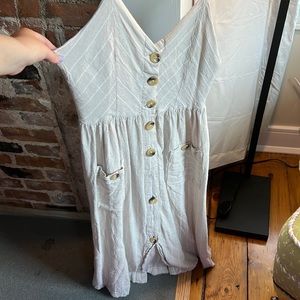 almost full length beige and white striped dress